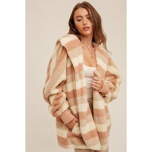 NEW Boutique Hooded Pink Teddy Jacket Cozy Sherpa Fleece Weekend Furry Soft Warm